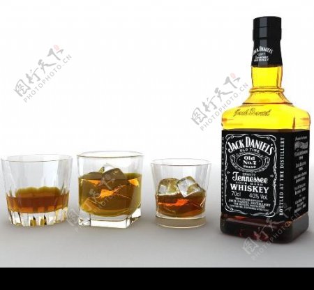 JackDaniel洋酒和酒杯冰块3D素材图片