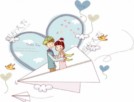 乘坐纸飞机飞翔的情侣图片
