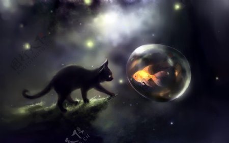 小黑猫水彩插画图片