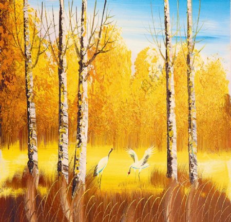 树木秋景油画图片