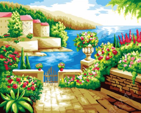 地中海花园数字油画图片