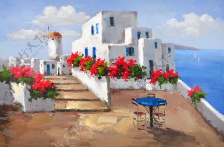 希腊风景手绘油画图片