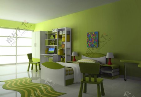 绿色色调儿童房间图片