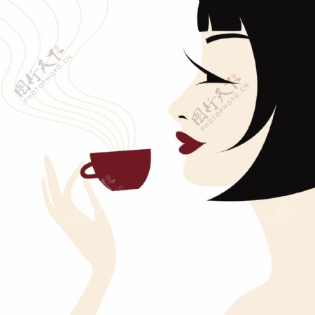 卡通美女喝咖啡图片