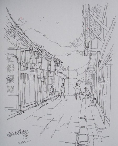 钢笔画速写福宝古镇街道图片