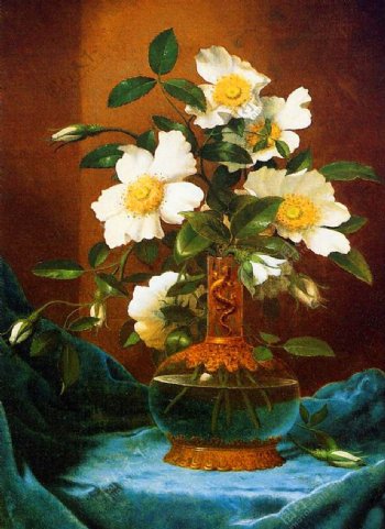 油画花瓶里的白玫瑰图片