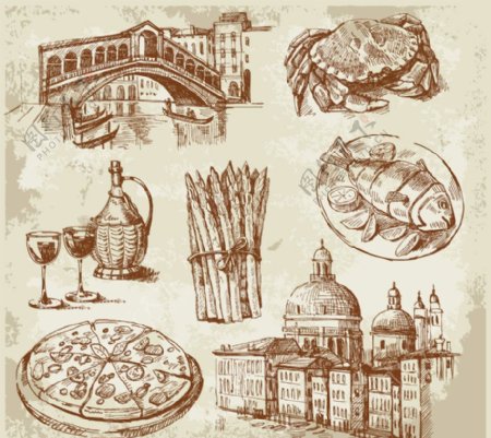 素描威尼斯城市建筑美食图片