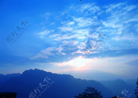 清晨的阳光晨燕高飞蓝天上白云朵朵图片