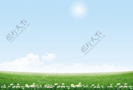 花朵草地白云阳光素材图片