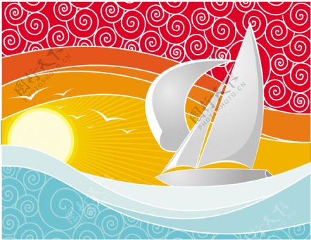 夕阳海浪帆船背景图片