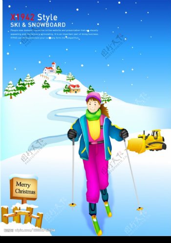 女孩冬天滑雪图片