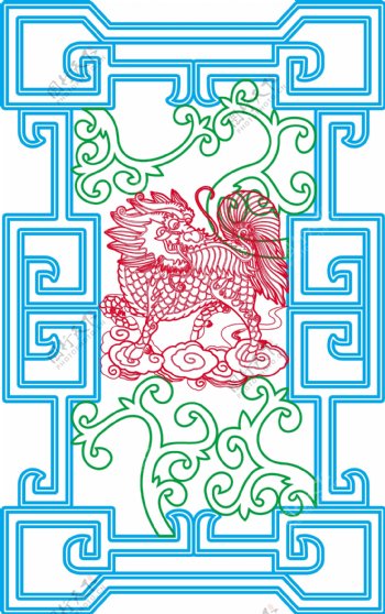 中式古典木雕花窗麒麟图图片