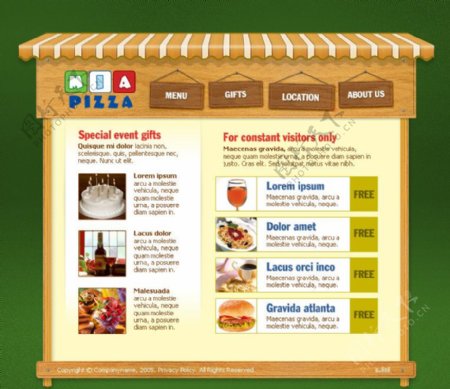 美食餐厅绿色背景网页模版卡通屋檐披萨招牌木板比萨西点图片