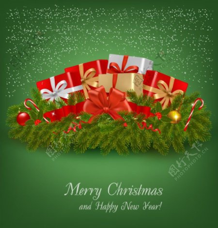 礼盒松树枝圣诞背景图片