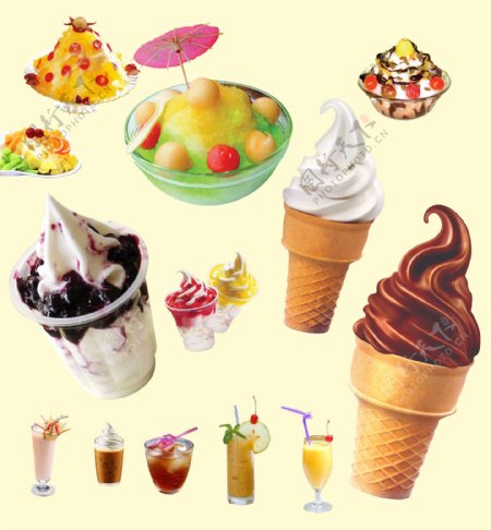 刨冰饮料圣代和圆筒冰淇淋图片