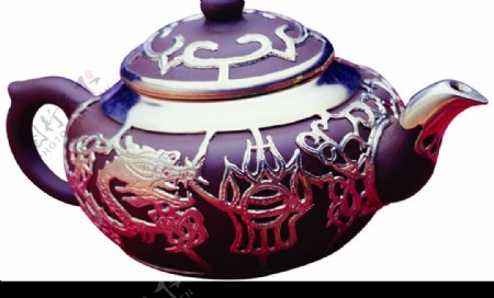 镂空金属花纹紫砂茶壶图片