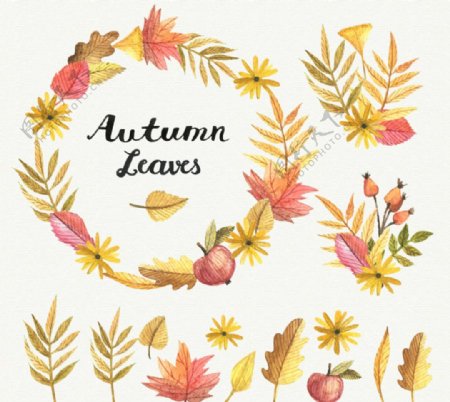 彩绘秋季叶子和花环矢量素材