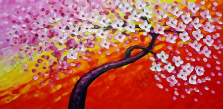 樱花树抽象油画