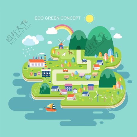 创意绿色环保城市插画矢量素材