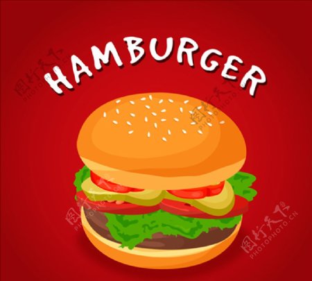红色背景美味的汉堡