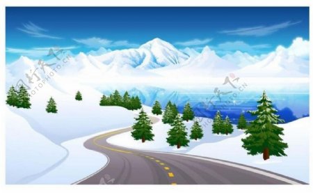 公路雪山矢量背景