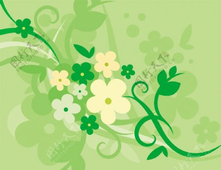 简洁绿色卷草花朵图案