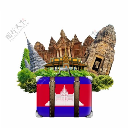 柬埔寨地标建筑合成行李箱免抠
