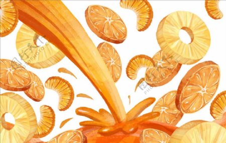 手绘水彩桔子菠萝橙汁插图