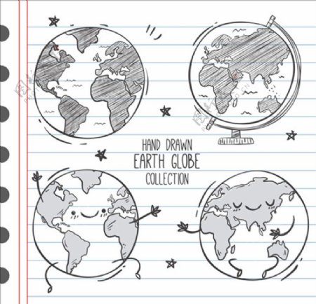 四款手绘简笔卡通地球