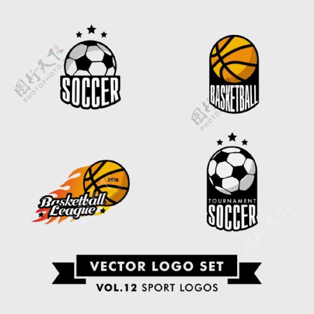 4款创意足球与篮球标志矢量素材