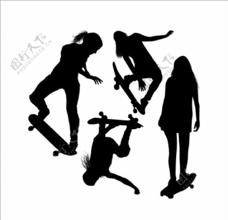 四款女性滑板剪影轮廓