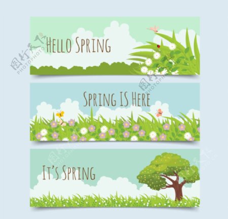 三款卡通春季花草树木横幅