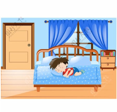 卡通儿童节在床上睡觉的男孩