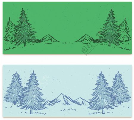 两款手绘松树林横幅插图
