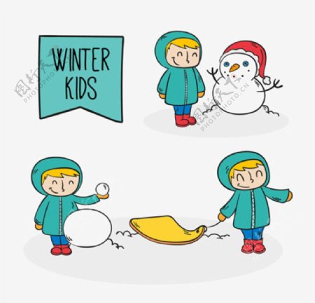 卡通在雪地里玩耍的孩子