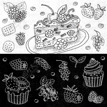 草莓蛋糕葡萄黑板手绘水果矢量素材