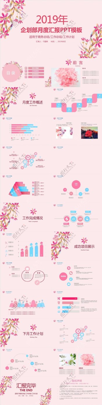 小清新粉色水彩花卉企划部工作总结ppt模板
