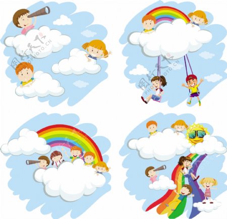 快乐的孩子白云彩虹插图