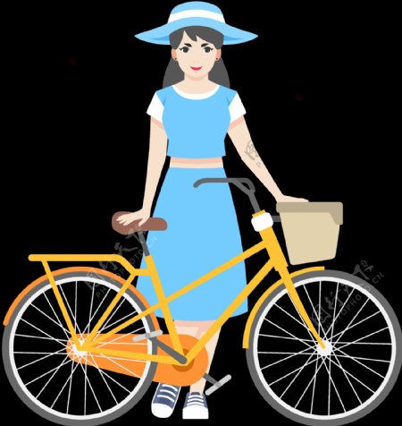 蓝裙子女孩自行车免抠png透明图层素材
