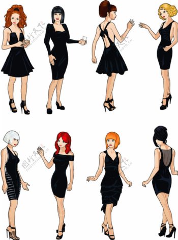 黑色裙子美女插画图片