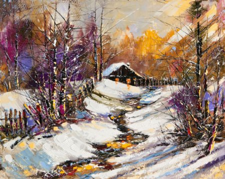 下雪的乡村油画图片