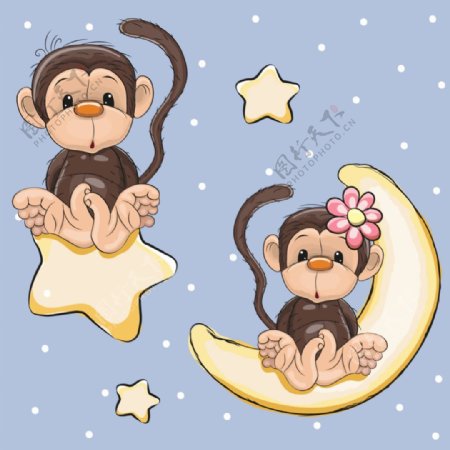 可爱的猴子坐星星和月亮卡通矢量素材