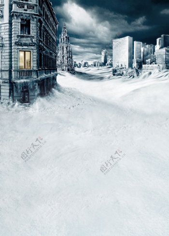 大风雪之后的城市影楼摄影背景图片