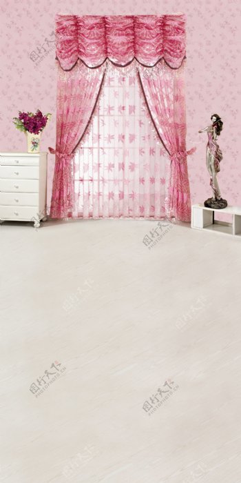 抽屉柜插花与窗帘影楼摄影背景图片