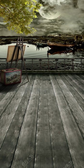 画架与湖边的木船影楼摄影背景图片
