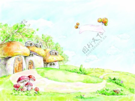 简约蘑菇房子手绘背景