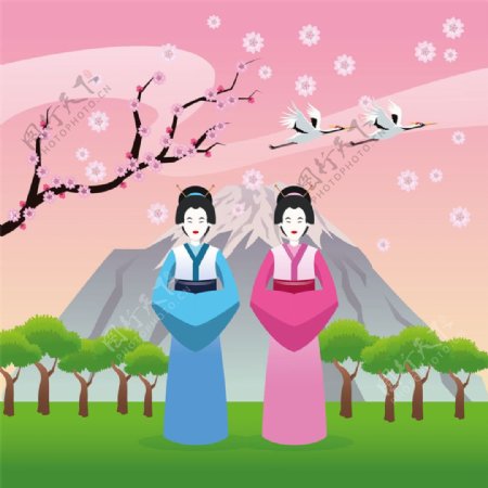 樱花树下的两个日本女人图片