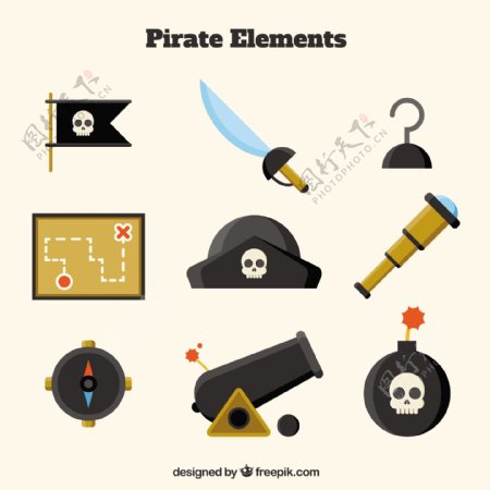 海盗帽与其他海盗元素平面设计素材