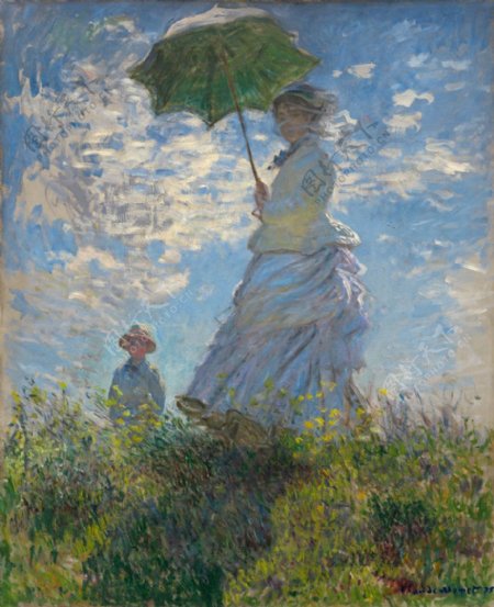 鲜花丛中打伞的母子油画图片