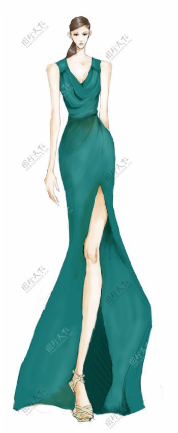绿色开叉长裙礼服设计图
